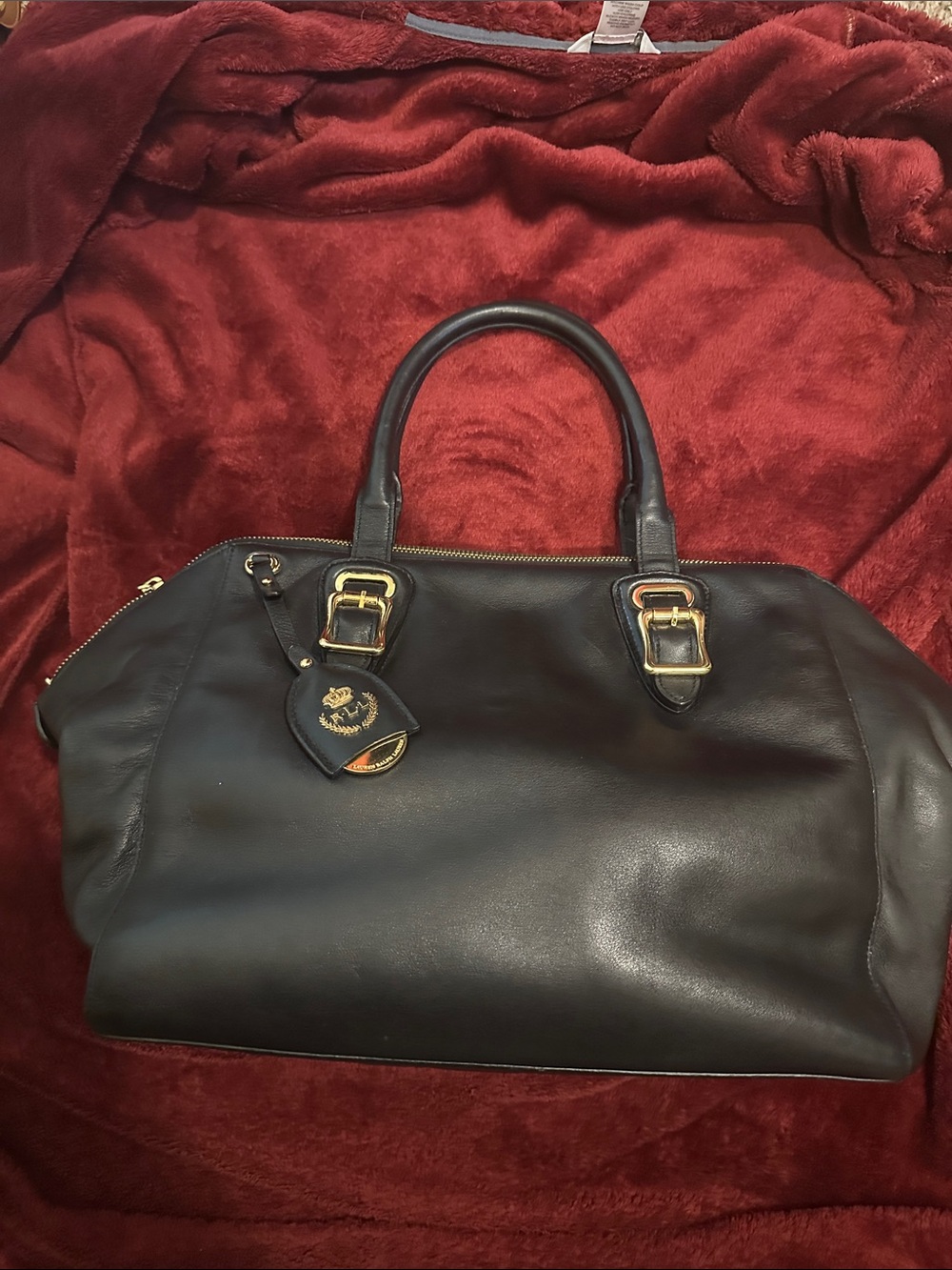Ralph Lauren Black Leather Satchel Handbag with Gold Hardware
